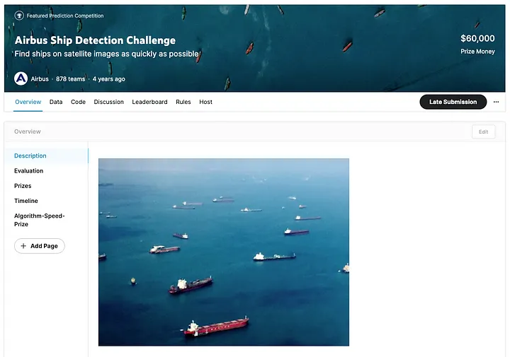 Home page of the Airbus Ship Detection Challenge on Kaggle