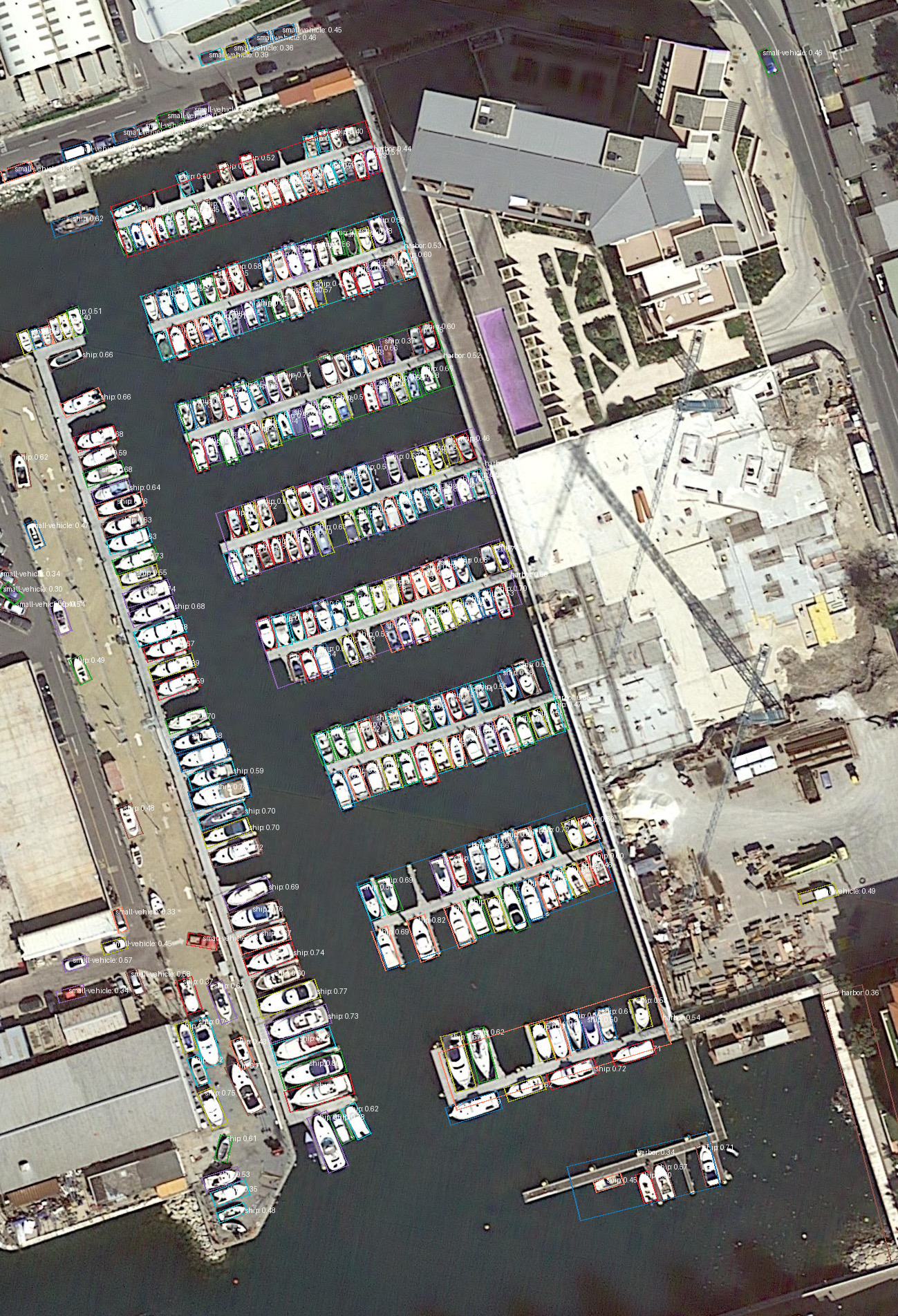 Rotated FCOS 3× — 314 dets (282 ship)