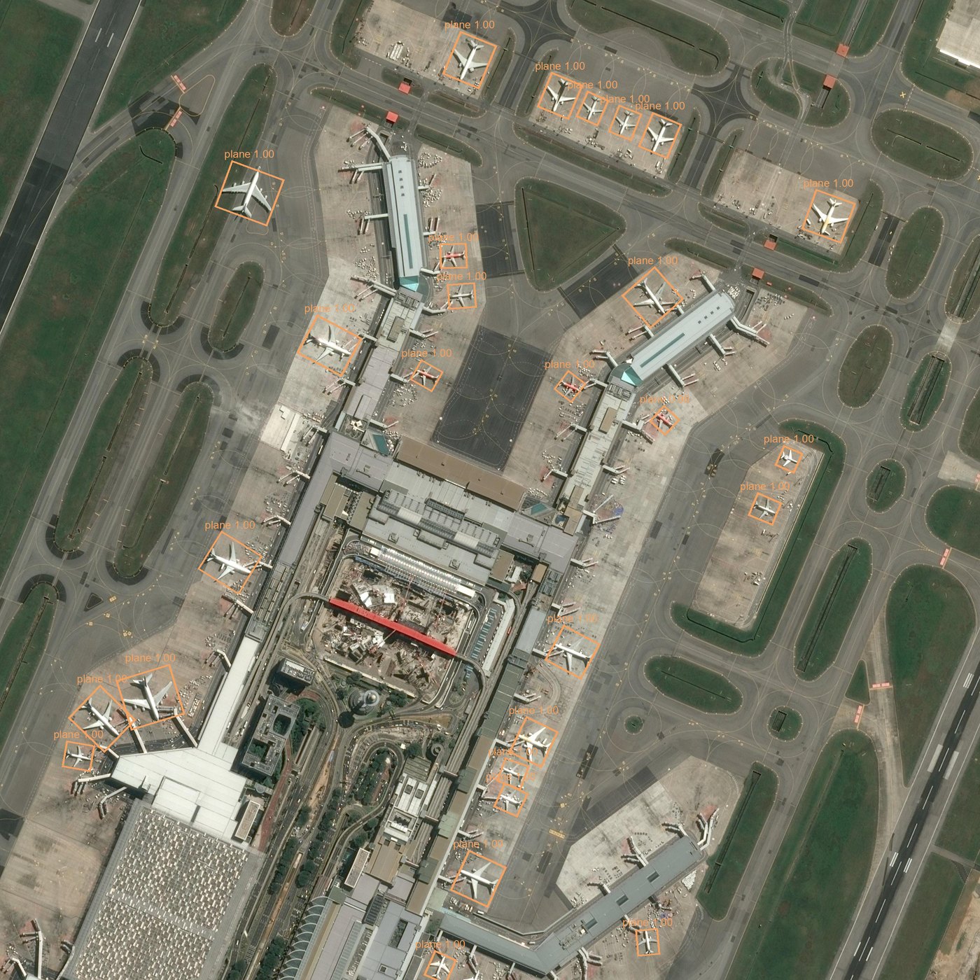 Pleiades airport — Rotated Faster R-CNN 3× at score ≥ 0.70, 27 aircraft