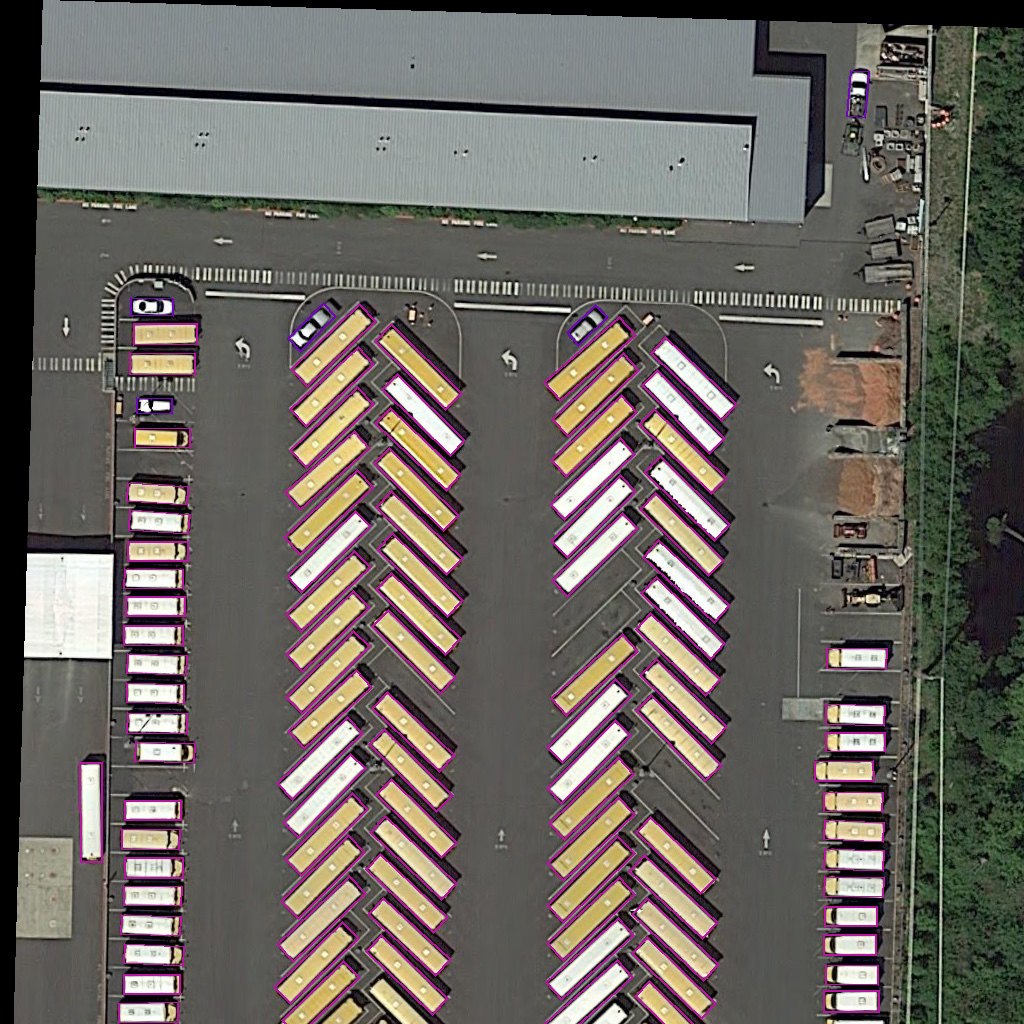 DOTA vehicles 1024 — Rotated FCOS 3×, 101 boxes at score ≥ 0.25
