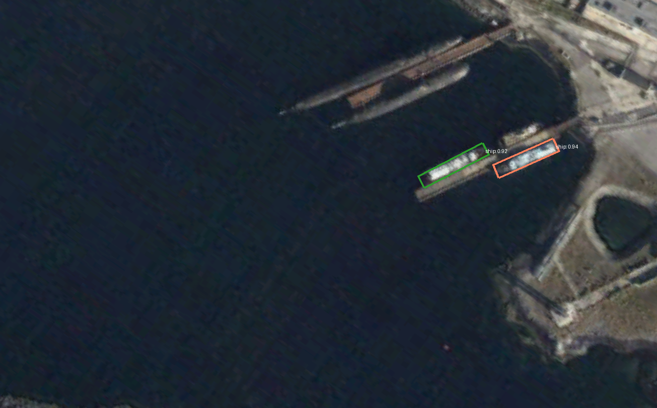 HRSC2016 — Oriented R-CNN 3× Hub on a Google Earth ship scene (score ≥ 0.85, NMS 0.1)