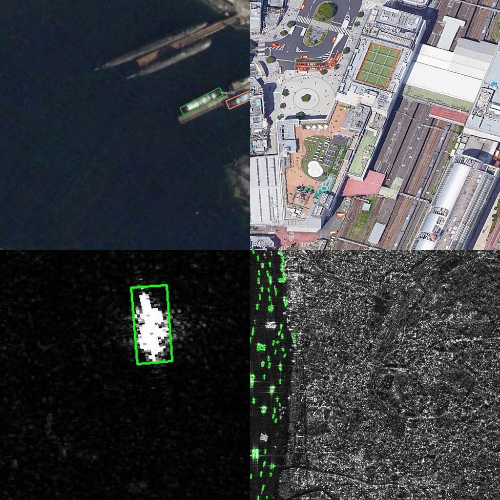 v0.3 illustration collage — HRSC Hub detections, FAIR1M GT, SSDD GT, HRSID GT (research pixels; not a dataset mirror)