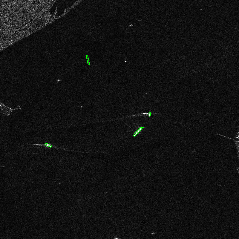 HRSID test — open-water chip with GT (fewer ships, clearer heading)