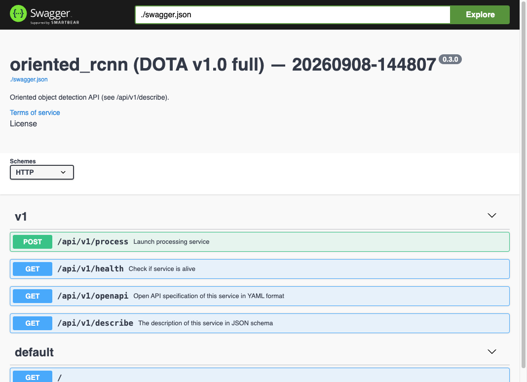 Swagger UI on the published Oriented R-CNN DOTA 1× image