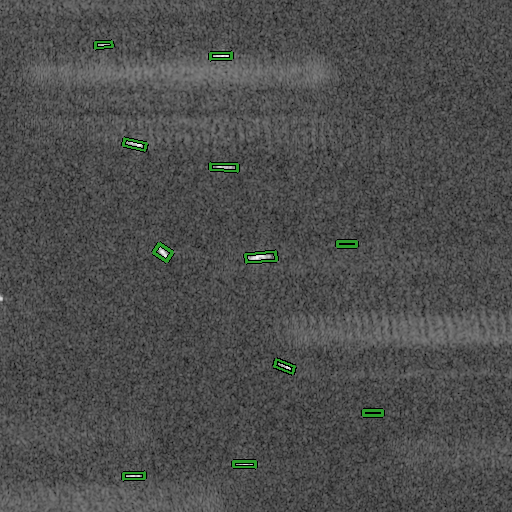 Eleven ships on another VH test chip. RTMDet-S at score 0.3 draws 11 boxes and matches all 11.