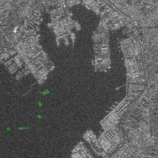 Five ships in a harbor, bright land around the water. RTMDet-S at score 0.3 draws five boxes and matches all five.