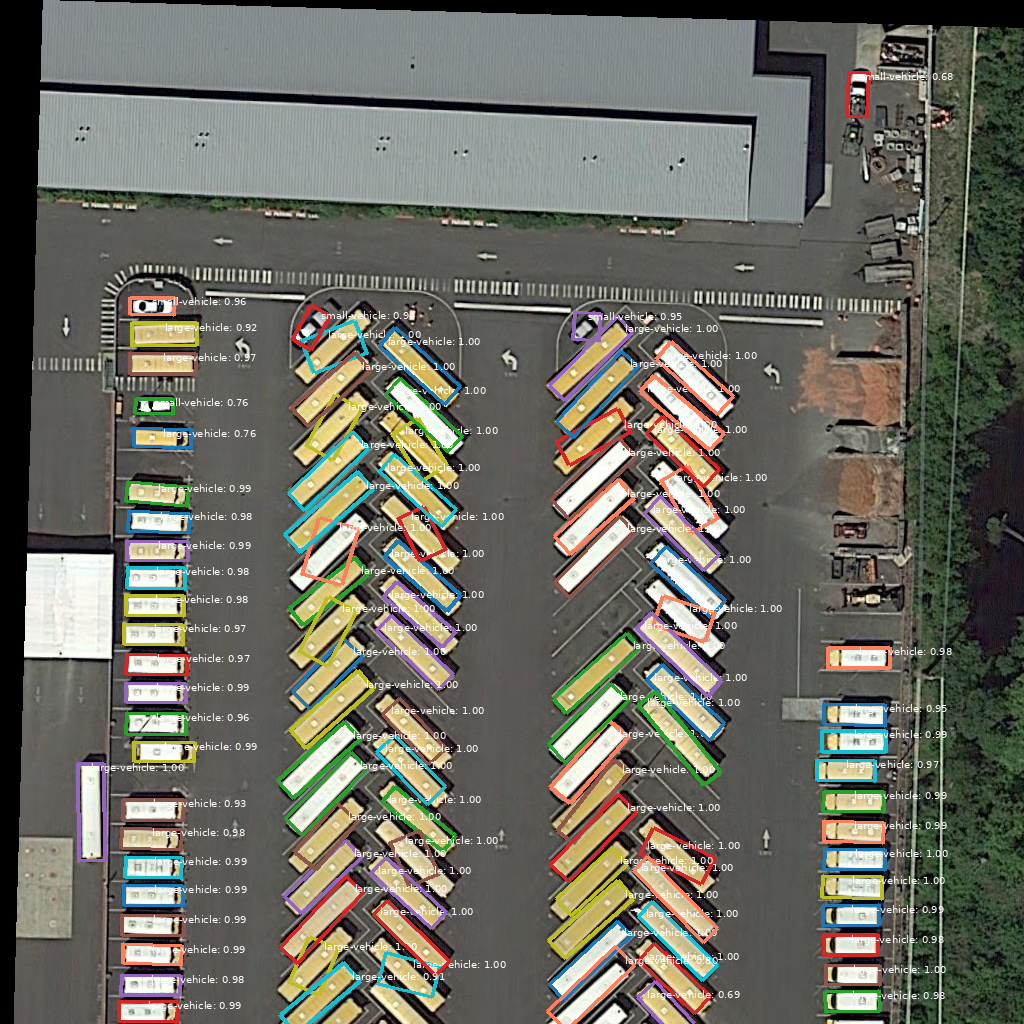 Rotated Faster R-CNN 1× on the same tile — clutter on the diagonal rows. The vertical edge rows are fine.